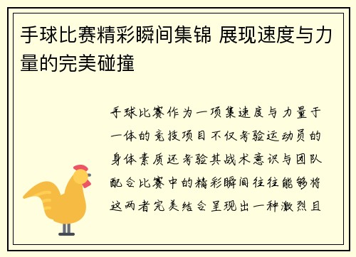 手球比赛精彩瞬间集锦 展现速度与力量的完美碰撞